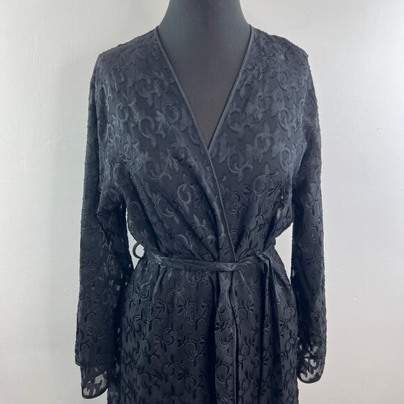 VTG Jones New York Black Wrap Robe Floral Lace Long Sleeve Drop Shoulder L/XL - Picture 3 of 7